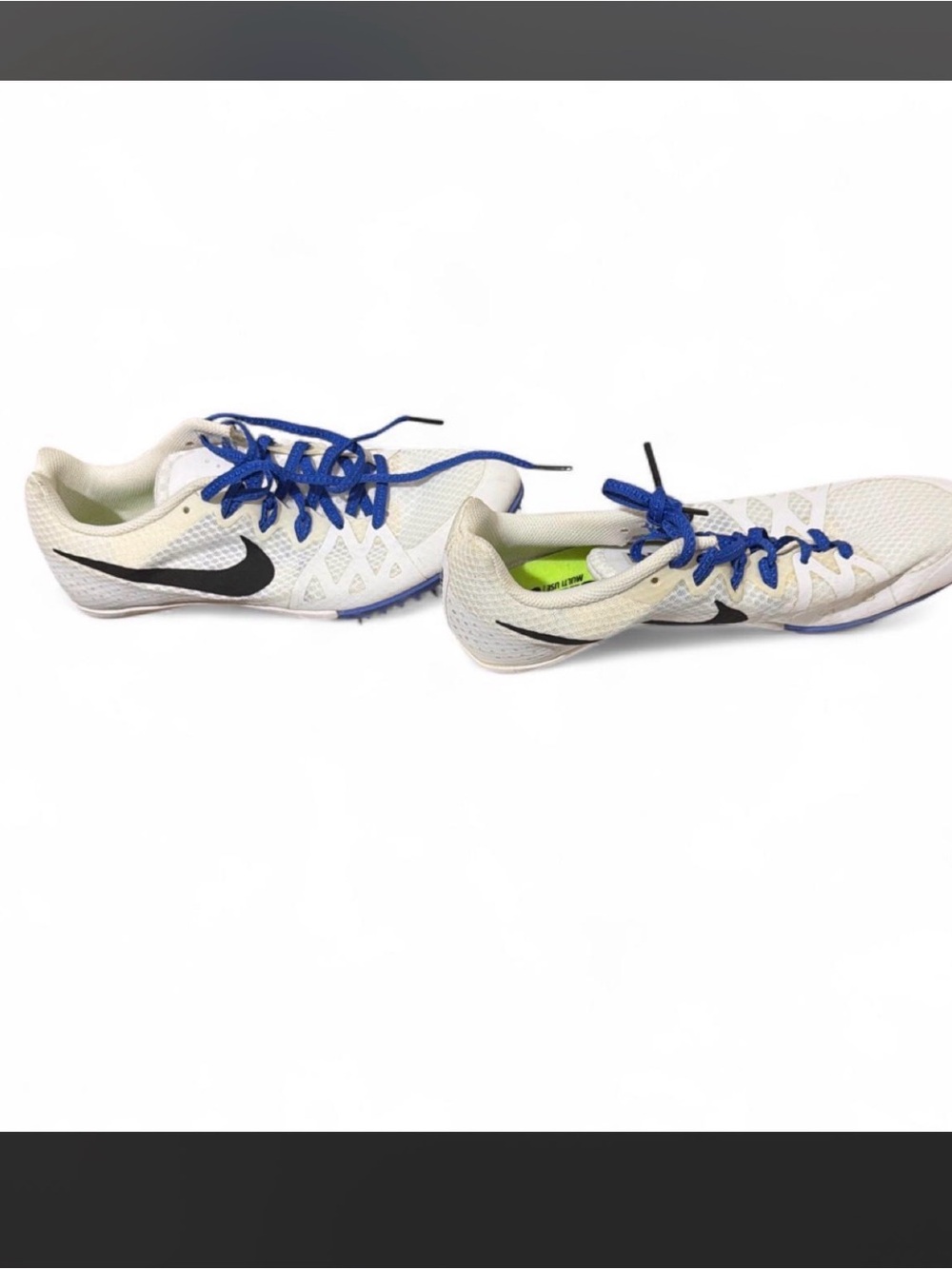 Nike White Track Spikes with Blue Laces and Black Swoosh